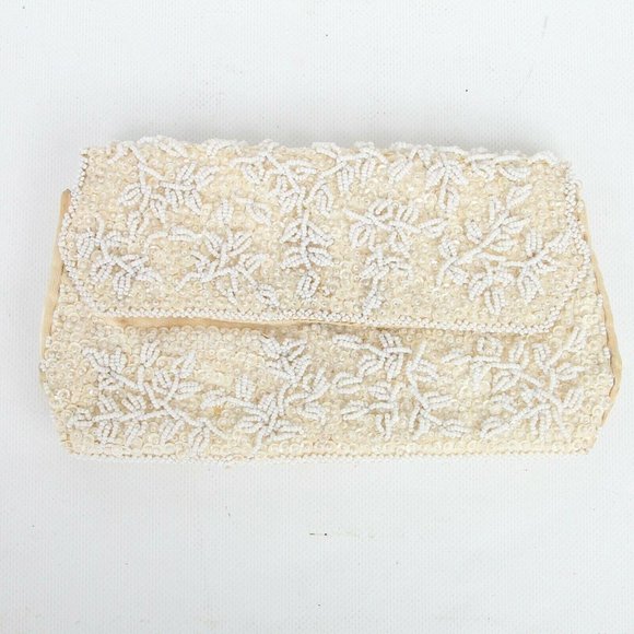 Vintage La Regale Ltd Beaded Beige/Ivory Foldover Clutch Handbag Purse Evening - Picture 1 of 8